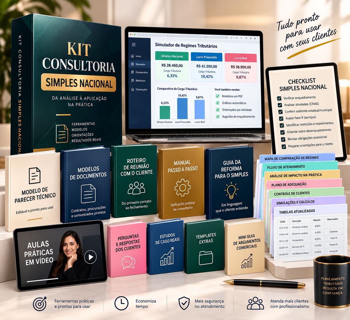 Mockup do Kit Consultoria Simples Nacional com caixa, notebook com simulador, tablet com checklist, guias, parecer e materiais de apoio